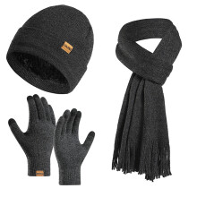 Christmas Gloves Set: Knitted Scarf, Hat & Gloves w/ Pompom for Women & Men – Winter Outdoor Sports & Yoga Gift (70.8", Dark Gray)