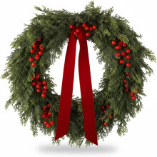 Couronne de Noël en cèdre réaliste de 61 cm (24 po) avec baies et rubans – Décoration de Noël intérieure/extérieure