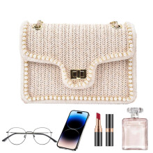 Stroh-Schultertasche für Damen mit Kunstperlen, Reißverschluss und abnehmbarem Riemen, Organizer – geeignet für Urlaub, Verabredungen, Meetings