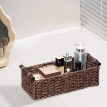Small Wicker Basket 13.78" x 5.9" x 3.9" - Woven Baskets for Storage, Bathroom Organizer, Wooden Handle, Decorative Storage, Brown