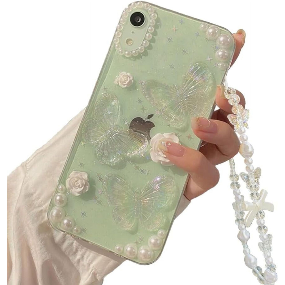 Iphone Xr Case With 3D Butterfly Flower Pearl Charm, Crystal Clear Glitter Protective Case For Compatible With Iphone Xr 6.1'' White 9455834329604