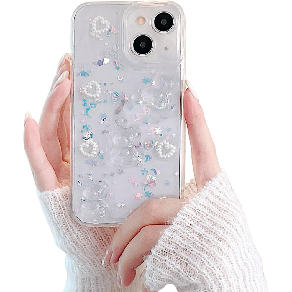 Cute 3D Bear Glitter Bling Pearl Love Heart Clear Phone Case For Compatible With Iphone 13, Shockproof & Camera Protected Â 6.1'' White 9377112548524