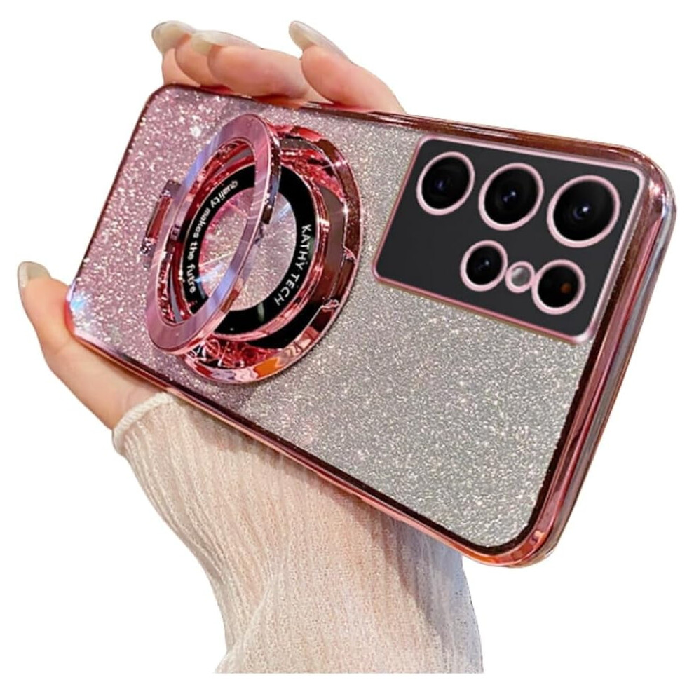 Gradient Electroplating Glitter Phone Case With Hidden Finger Ring Holder For Samsung Galaxy S24/S23/S22/S21/S10 Ultra/Plus/Fe (, Fits S21) Pink 9170372166749