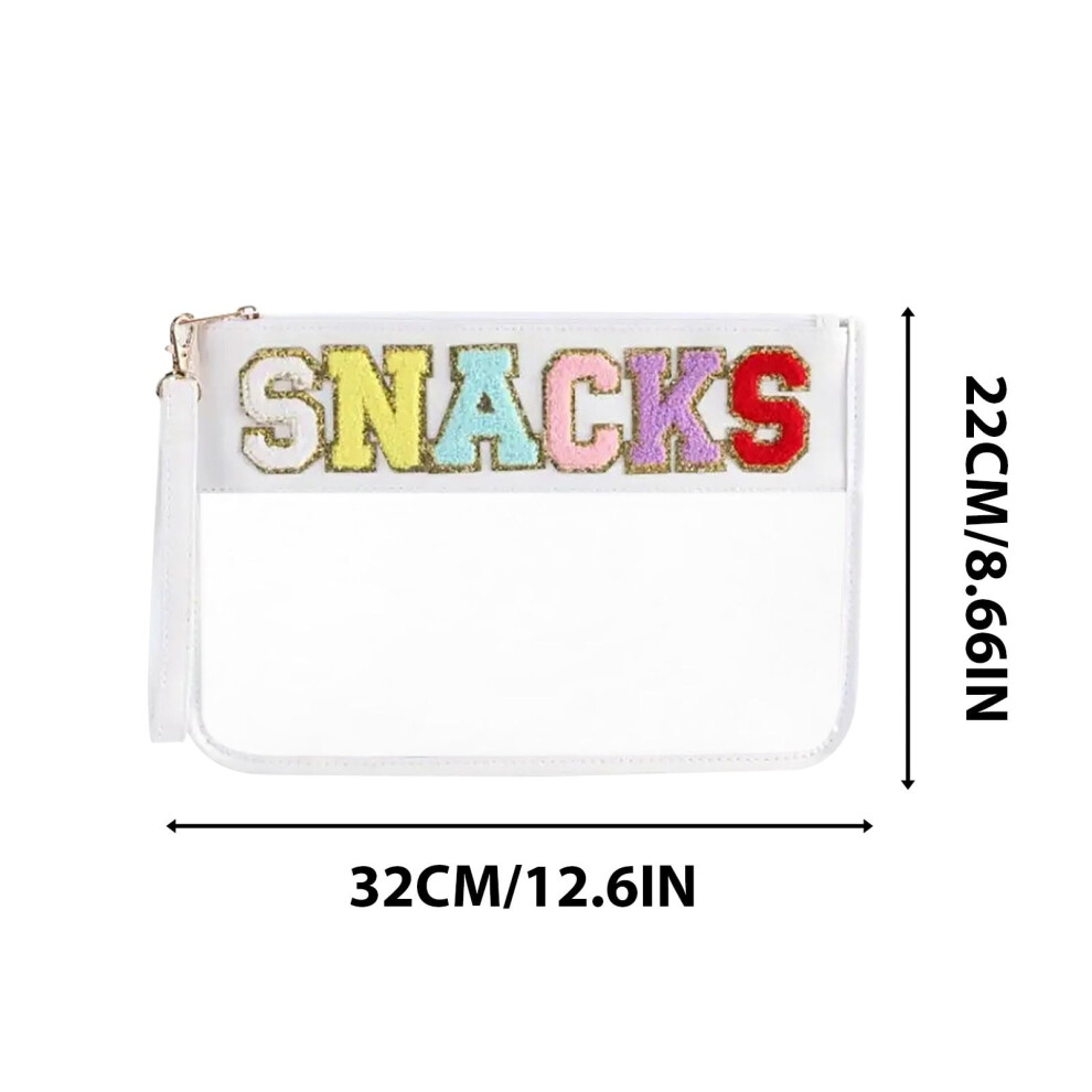 Snack Bag for Travel - Clear Chenille Varsity Letter Flat Pouch with Zipper, Waterproof Clear Nylon Patch Makeup Cosmetic tote Bags for Women Teen