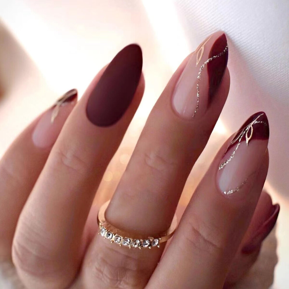 Press on Nails Medium Almond Fake Nails French Tips False Nails 24 pcs Stick on Nails for Women
