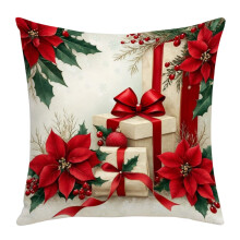 Housses de coussin rouges de Noël 45 x 45 cm, motif poinsettia et houx
