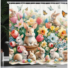 Frühlingsduschvorhang mit Osterhasen und Schmetterlingen in einem floralen Motiv, Badezimmerdekor-Set aus Stoff mit Haken, 60 x 72 Zoll