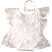 2 pezzi Tutina in pizzo e tulle, abito tutù con maniche a volant, fiori, allacciatura a fiocco, abito estivo da principessa in rete con fascia per