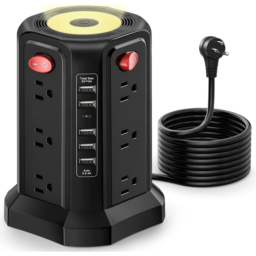 Power Strip Tower With 5 Usb + 12 Ac Outlets, 10Ft Cord, Night Light & Overload Protection Â Compatible With Us Outlets (Black) 9551475129969