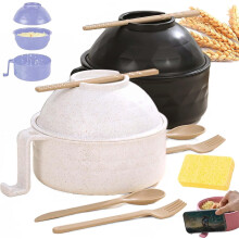 Tigela para ramen própria para micro-ondas com tampa e conjunto de utensílios (hashis, colher, garfo e alças) – Compatível com micro-ondas,