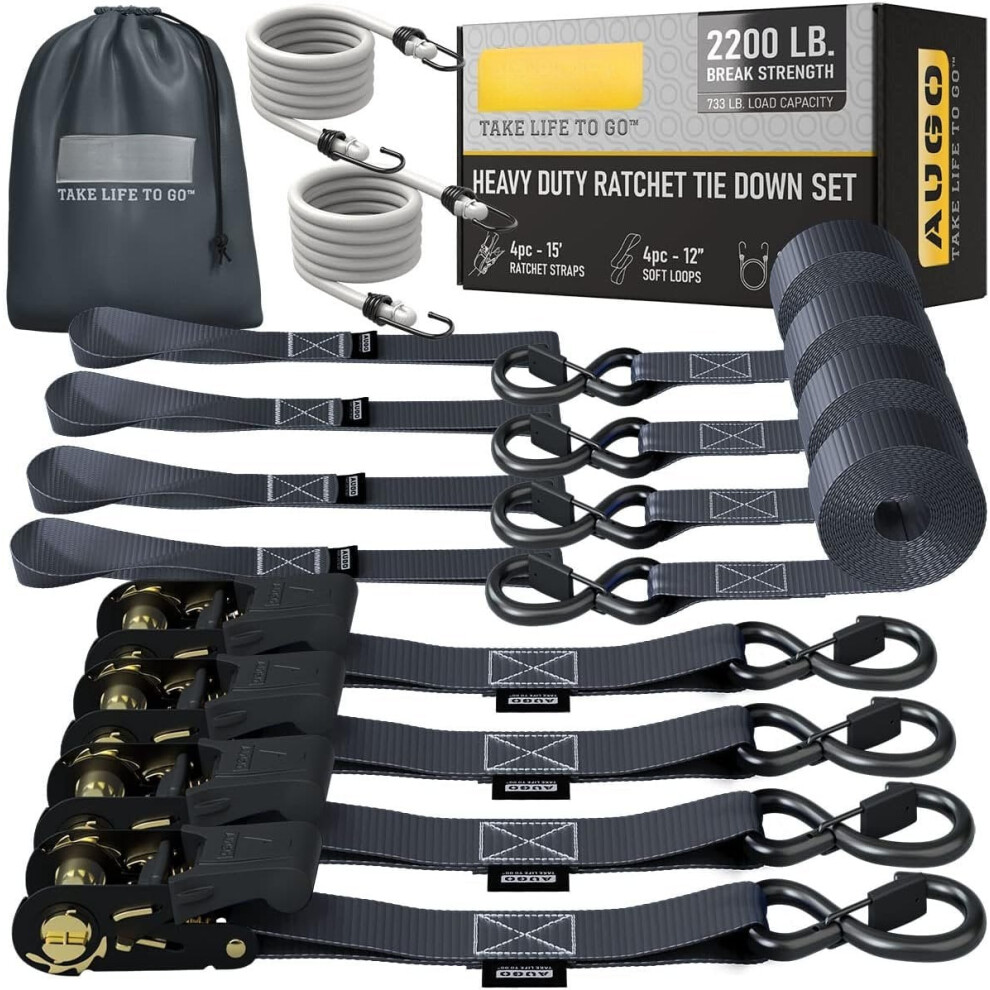 Heavy Duty Ratchet Straps 4-Pack, 15 Ft, 2200 Lb Break Strength, Safety Lock S-Hooks, Soft Loop Tie Downs Â Compatible With Moving & Appliances 9551475131771