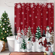 Jouluinen suihkuverho, 91 cm x 183 cm, lumiukko, ruutukuvio, joulukuusi, lumihiutale, punainen, vedenpitävä kylpyhuoneen verho, pestävä