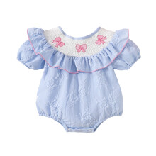 Baby Bodysuit Girls Clothes Floral Embossed Bow Embroidery Puffy Short Sleeve Romper Ruffle Crewneck One-Pieces Cozy Onesies