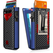 Slim Minimalist Men's Wallet with RFID Blocking, Pop-Up Card Holder, ID Window & Clip – Holds 9-13 Cards, Aluminum + Carbon Fiber & Blue
