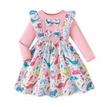 Dinosaur Print Girls Dress Long Sleeve Bow Detail Toddler