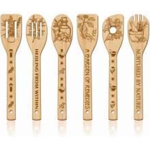 6Pcs Herbal Wooden Spoons Set – Bamboo Carved Kitchen Utensils, Engraved Spatulas, Compatible with All Cookware, Brown