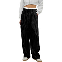 Gestreifte Damen-Freizeithose, hochgeschnitten, Patchwork, gerades Bein, bequeme Passform, mit Taschen