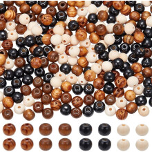 400 Stück 10 mm große Holzperlen, 4 verschiedene Ausführungen, Naturholz, rund, braun/schwarz, für Schmuckherstellung, Makramee, Halsketten,