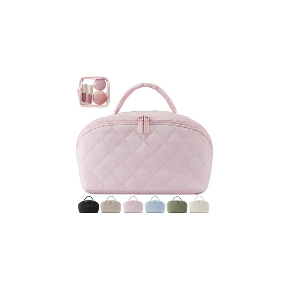 Black/Pink/White Petition Makeup Bag For Women Â Wide-Open Lay-Flat, Water-Resistant, Padded Cosmetic Case With Compartments, Large Capacity Travel Toiletry Bag