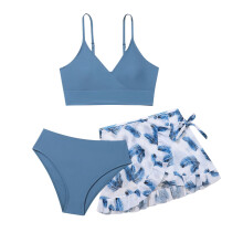 AWZXDE Girls One Piece Swimsuits 3 Piece Floral Bikini Set With Skirt Adjustable Straps Cute Bathing Suit Blue,11-12 Years