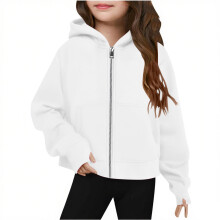 AWZXDE Girls Zip Up Hooded Sweatshirt Winter Fall Fashion Outerwear Cozy Casual Jacket for Teens and Kids White，5-6 Years