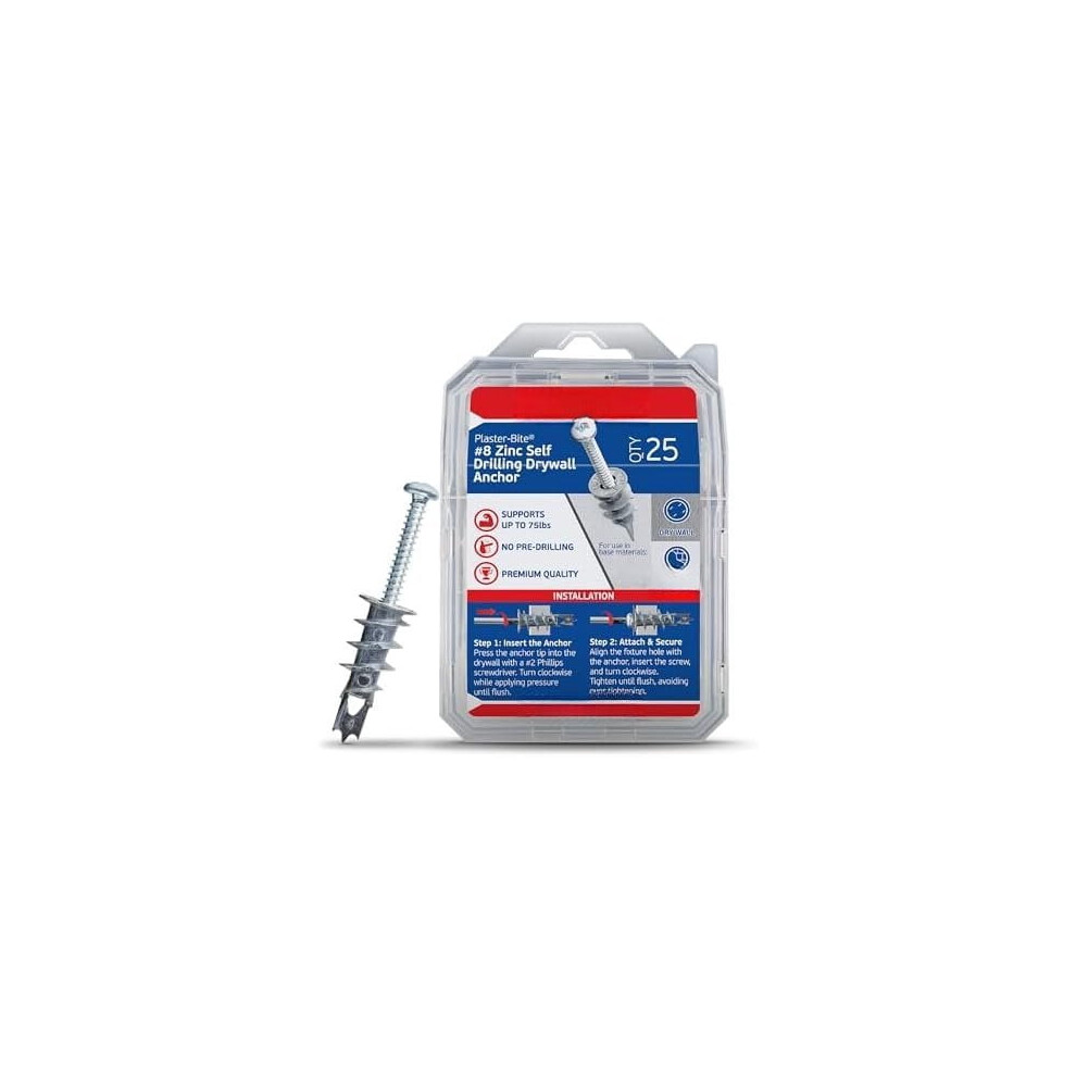 Zinc Plaster Bite Self-Drilling Drywall Anchors (25 Pcs) W/Screws Â Compatible With 3/8", 1/2", 5/8" Drywall, 75 Lbs Hold 9353595604056
