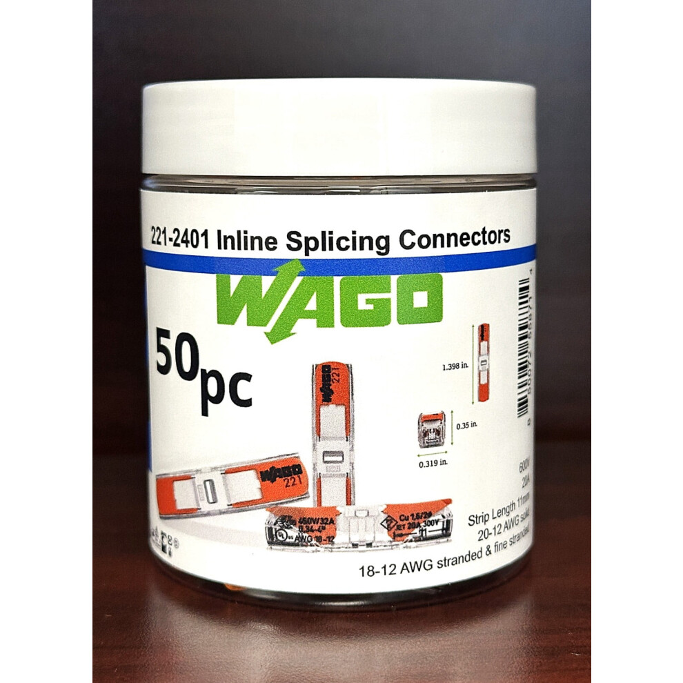 Wago 221-2401 Inline Splicing Connectors 50Ct In A Reuseable Jar 9327961691605