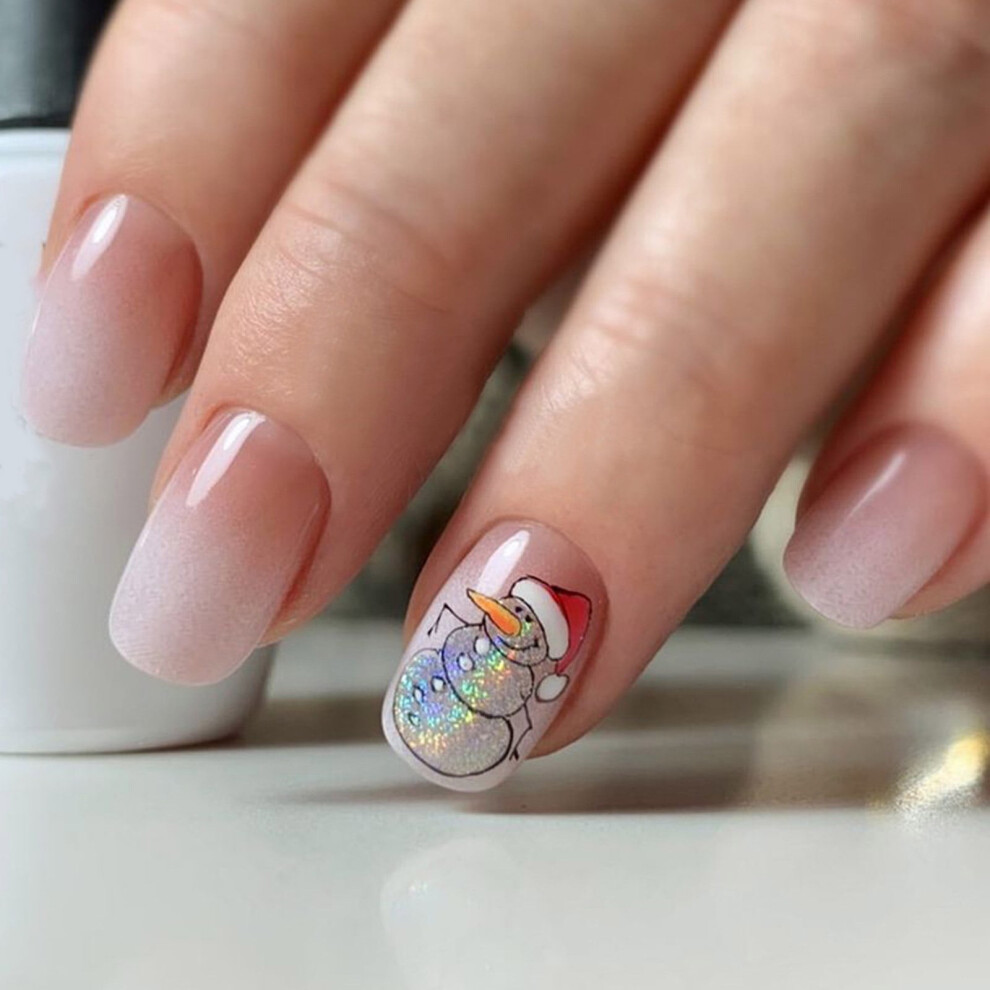 White Gradients False Nails Full Covers on Nails Christmas Snowman Artificial Nails for Woman Girls