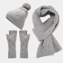 Women's 3-Piece Winter Set: Pom Pom Beanie, Fleece-Lined Knit Hat & Wrist Warmer Gloves, Matching Scarf, Skiing Gift Set – Grey
