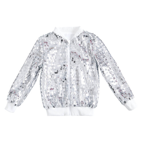 Girls Shiny Baseball Jacket Loose Fit Silver