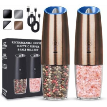 Moulin à sel et poivre électrique rechargeable (lot de 2), alimentation par gravité, mouture réglable, éclairage LED, cuivre