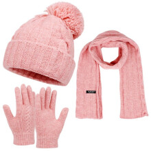 Women's Pom Pom Beanie Set (Fleece-Lined) + Knit Scarf & Gloves, 3-Piece Pink Winter Ski Accessories Gift Set