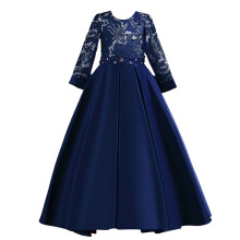 Royal Blue Girls' Princess Gown Long Sleeve Embroidered