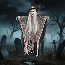 Sorcière squelette suspendue de 94 cm (37 po) pour Halloween, avec mâchoire et chapeau mobiles – Décoration réaliste en ABS pour l'intérieur