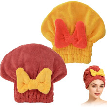 2-pack ultraabsorberande mikrofiberhårduk, mjuk fluga-turban för alla hårtyper – gul och röd