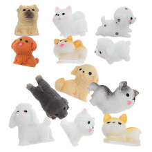 Conjunto de 12 estatuetas de cachorros em resina, em cores sortidas, para decoração de jardim infantil.