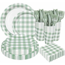 Kit de vaisselle jetable à carreaux vichy vert sauge (175 pièces) pour 25 invités, compatible avec les besoins standards d'une fête.