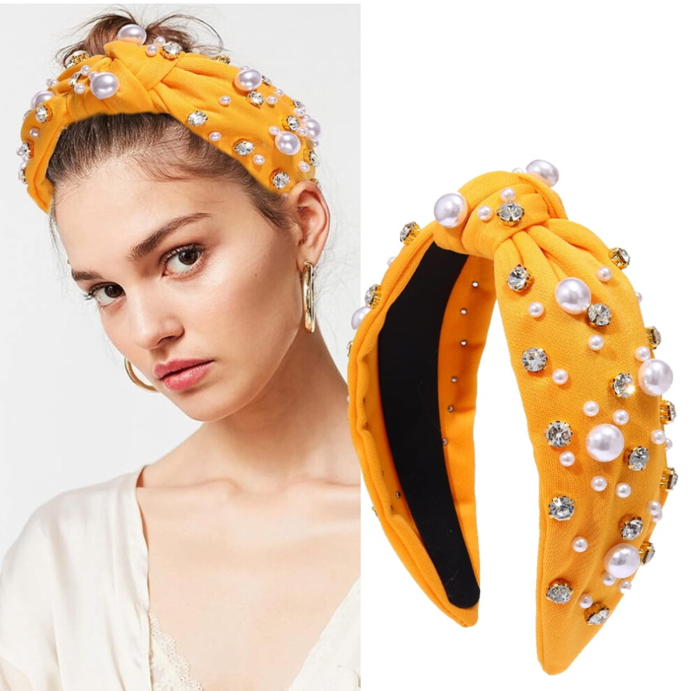 Unisex Pearly Crystal Knotted Women Headband, Luxury Jeweled Embellished Top Hairband, Fashion Elegant Ladies Hair Band