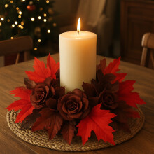 Guirlanda de Velas com Folhas de Bordo e Rosas – Coroa Floral de Plástico de 30 cm para Decoração de Natal, Centro de Mesa de Halloween e