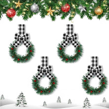 Conjunto de 4 mini guirlandas de frutinhas vermelhas de 12,7 cm com laços de fita – Decoração de Natal para armários, portas e janelas