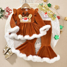 Girls Two Piece Flared Sleeve Ruffle Top and Flared Pants Set with Faux Fur Trim and Reindeer Pattern Outfit for Kids #A010 Brown 3Y