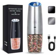 Moulin à sel et poivre électrique rechargeable, moulin à sel et poivre électrique à gravité, finesse réglable, lumière LED, 1 unité, (argent)