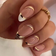 Uñas postizas medianas almendradas con punta francesa, 24 unidades. Uñas adhesivas para mujer.