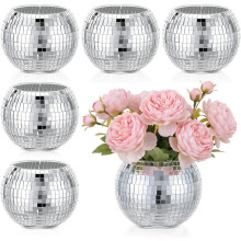 Ensemble de 6 pièces comprenant un vase boule disco argenté, un pot de fleurs en verre miroir et un bougeoir – Décoration de table unique pour