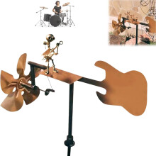 Handmade Metal Rockband Windmill – Drummer & Guitar Player Garden Decor, Golden Guitar Weather Vane for Yard, Lawn, Patio