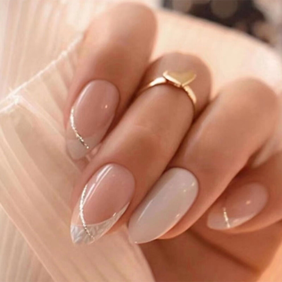 Press on Nails Medium Almond Fake Nails French Tips False Nails 24 pcs Stick on Nails for Women