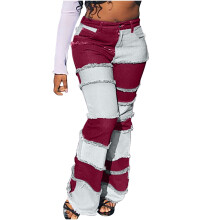 Stylische Damen-Jeans mit hohem Bund und Patchwork-Muster, Used-Look, Vintage-Stil, ausgestellte Schlaghose im Hippie-Stil