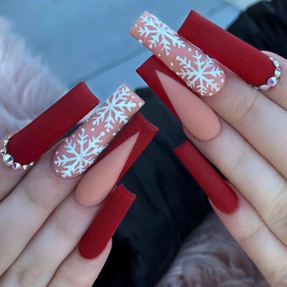 24PCS Christmas Long Coffin False Nails, Press-on Nails with Rhinestones Glitter Design, Xmas Decor for Women