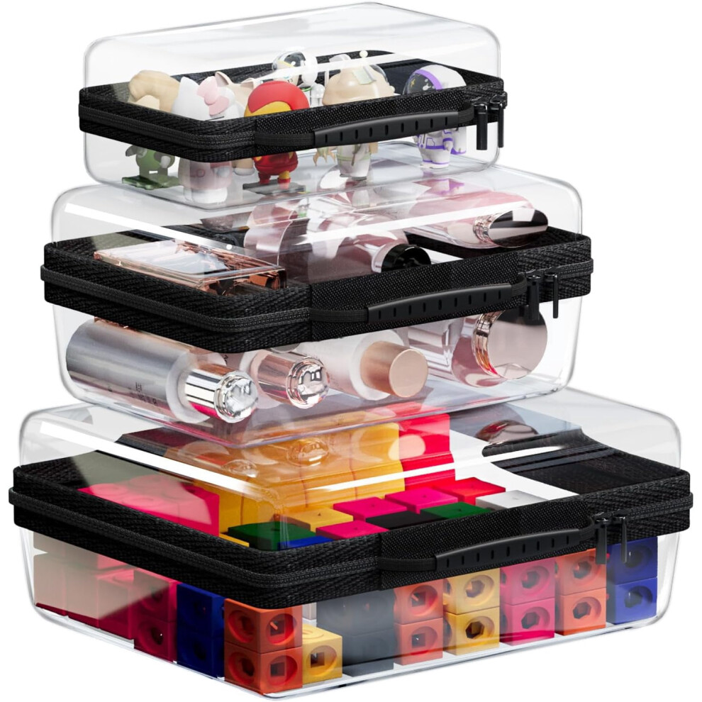3-Pack Clear Hard Shell Zipper Cases for Makeup, Toiletries & Travel â Durable Plastic Storage Bins (Black)