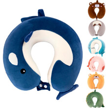 Kids Travel Pillow for Airplane, Road Trip, Car Seat - Neck, Chin Supporting - Memory Foam Insert and Cute Animal Plush Cover - Gift for Boys, Girls